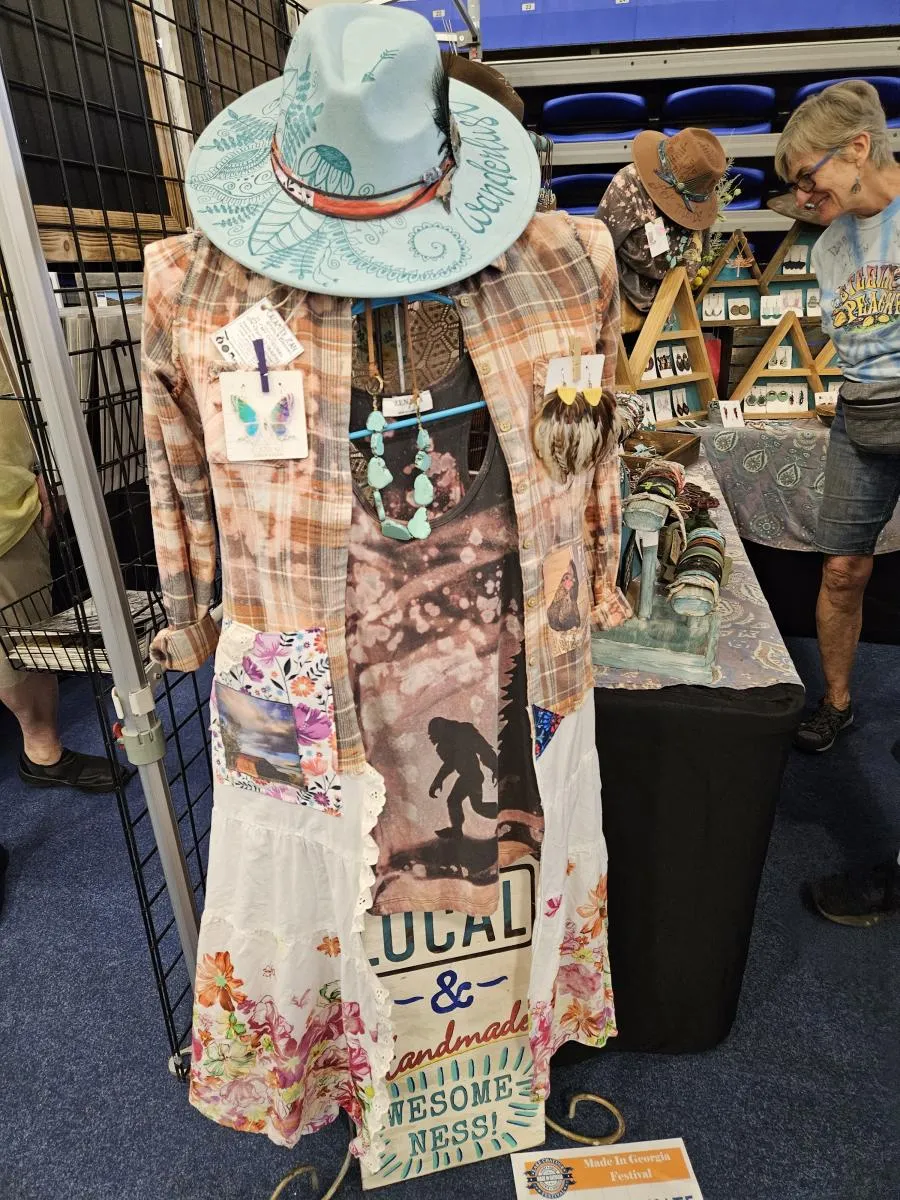 Calamity Jean woodsy patterned duster with Bigfoot design