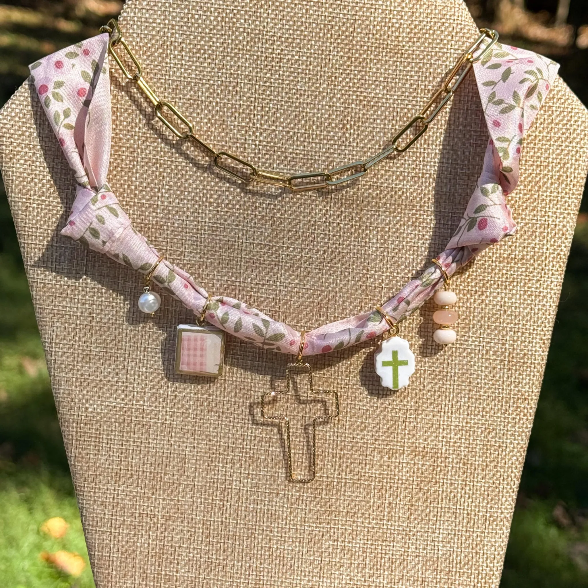 Ash Designs floral scarf necklace with charms
