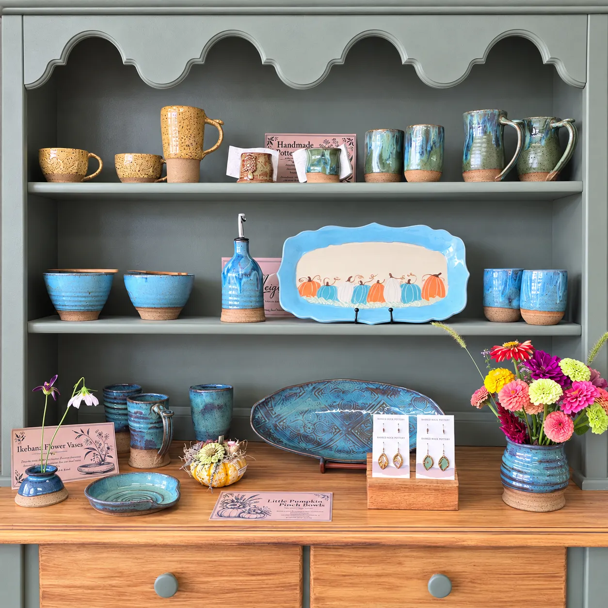 Barred Rock Studios handmade pottery display at Keen Creations & Co.