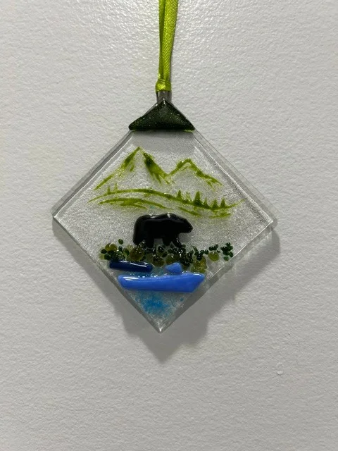 Cabin Fused Glass bear and mountain ornament and suncatcher