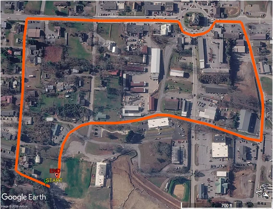 Updated Sorghum in the Mountains Festival Parade route in downtown Blairsville, showing the start and end points.